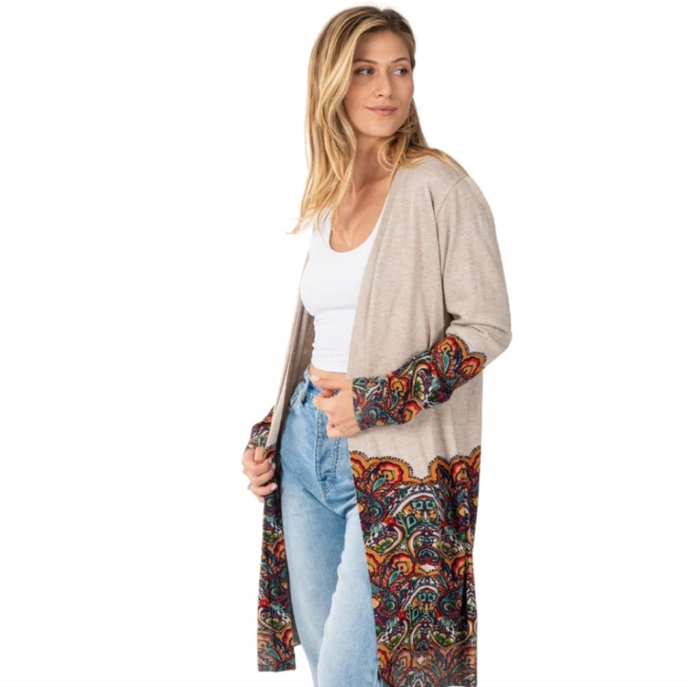 Women's Beige Patterned Long Cardigan